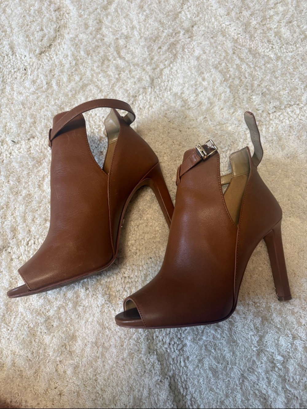 Michael Kors Tan Brown Peep-Toe Ankle Booties with Buckle - Picture 4 of 6